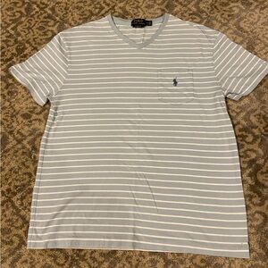 Ralph Lauren Light Blue & White Striped V‑Neck Pocket Tee